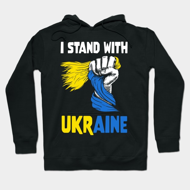 I stand with Ukraine - Strong hand holding Ukrianian flag Hoodie by FamiStore